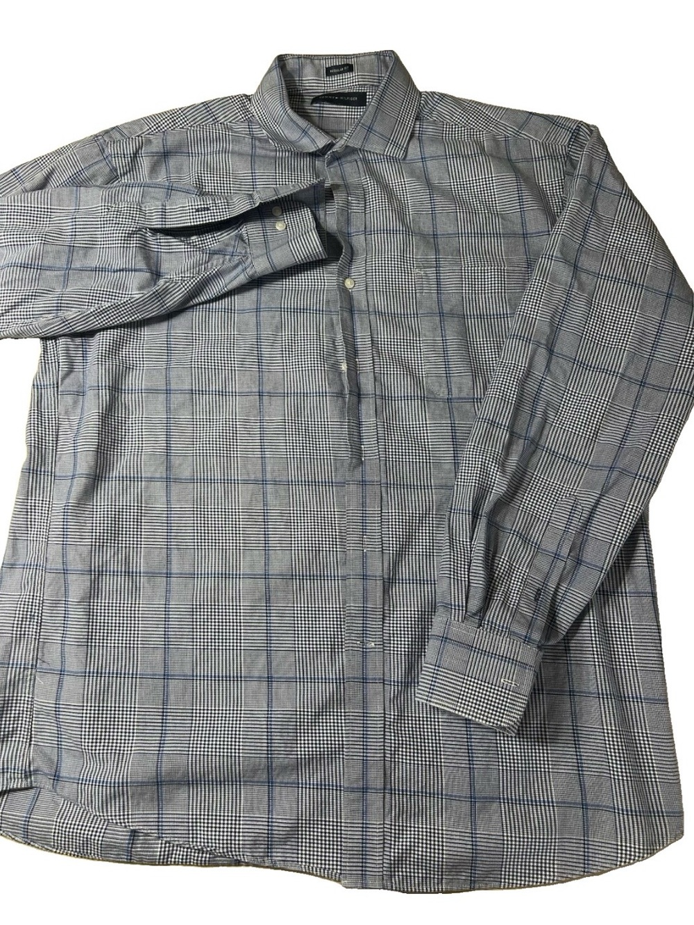 Tommy Hilfiger Large Blue White Stripe Button Down Shirt Custom Fit Cotton Mens